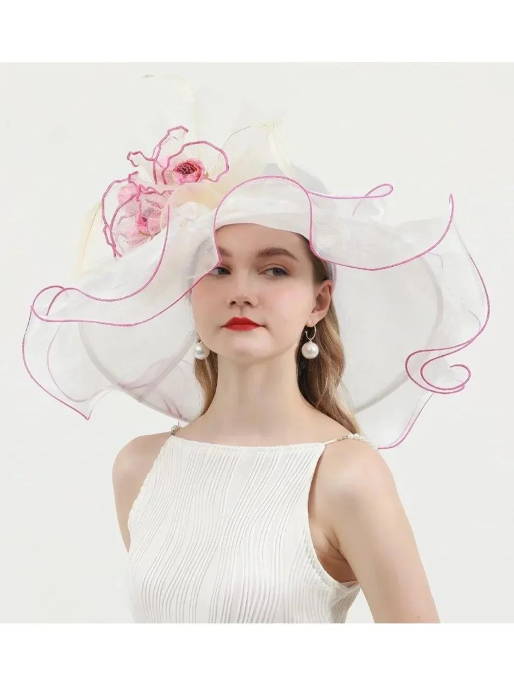 Elegant Wide Brim Women's Church Hat with Leaf & Flower for Derby & Bridal